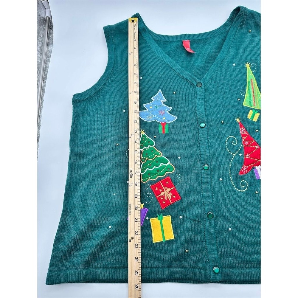 Women's Christmas Sweater Vest‎ Green Embroidered Holiday Trees Size 20 - Picture 3 of 6